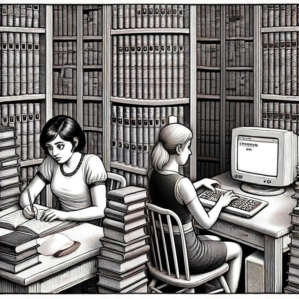 two students, one researching with books, one with a computer