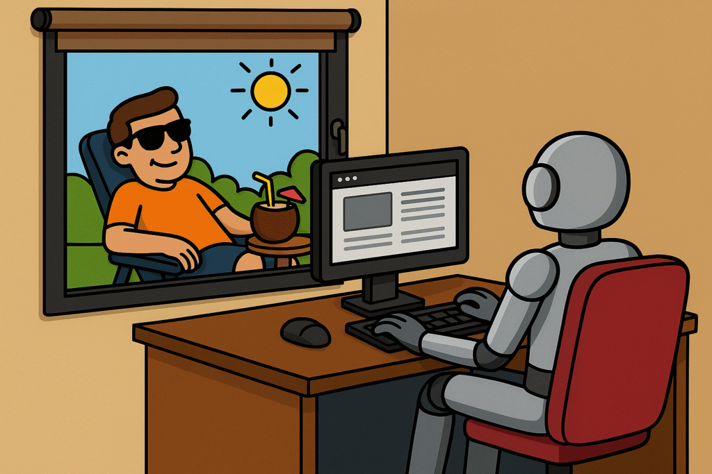 a cartoon of the AI agent user who can be seen through a window sunbathing with a cold drink in a coconut shell with a straw and umbrella, meanwhile the AI agent is sat inside at the computer working hard